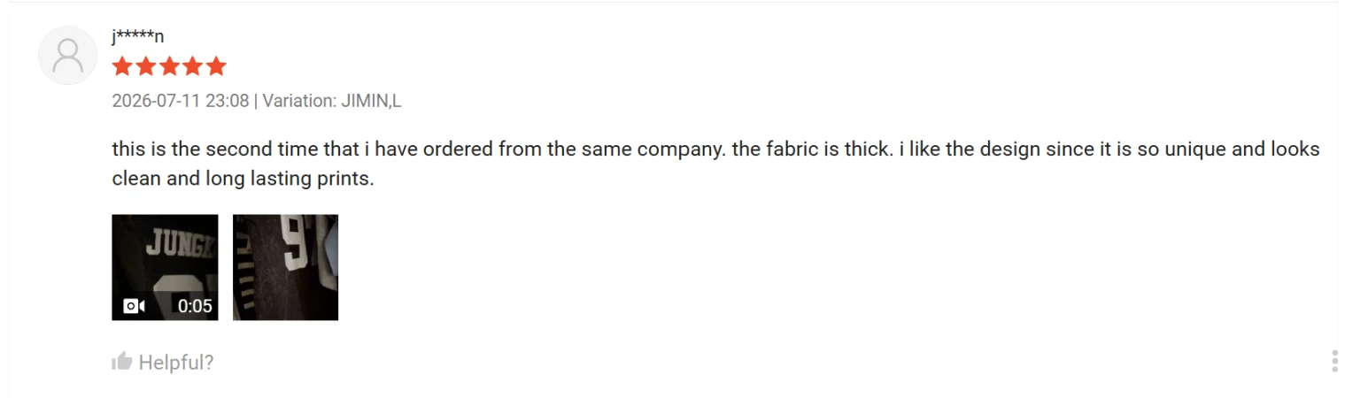 Five-star repeat-order Shopee review by masked customer j*****n praising the jersey design and prints, with photos.