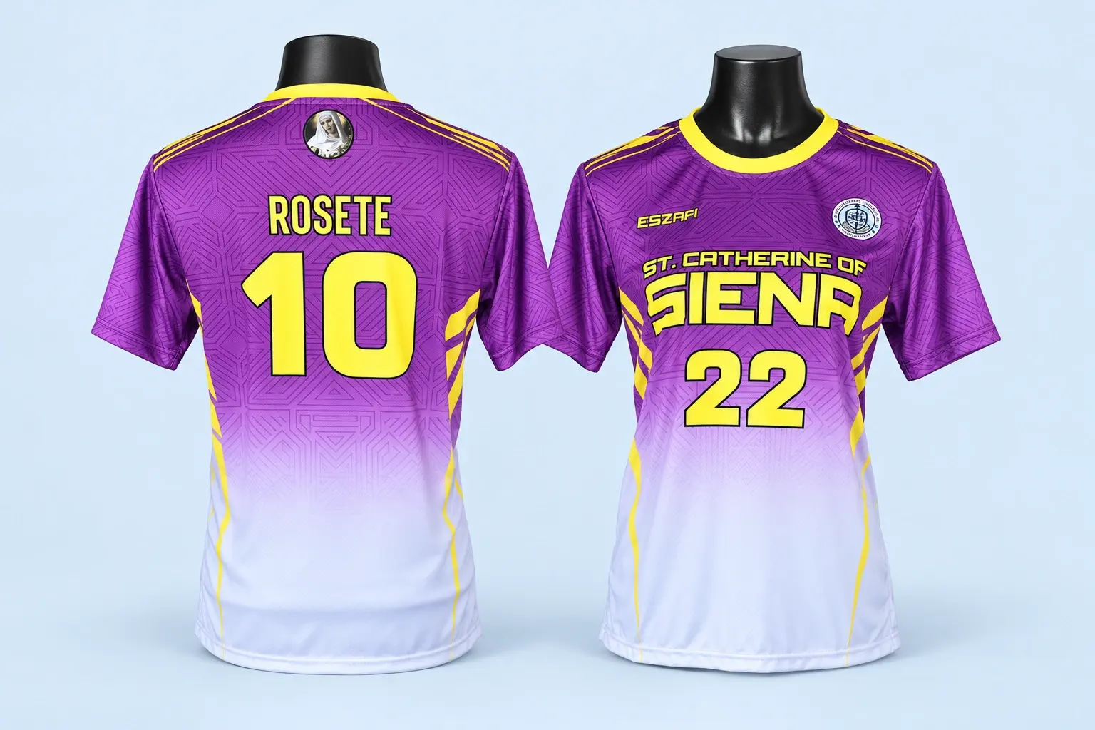 Cloud Blue studio presentation of Purple & Yellow Basketball Jerseys.
