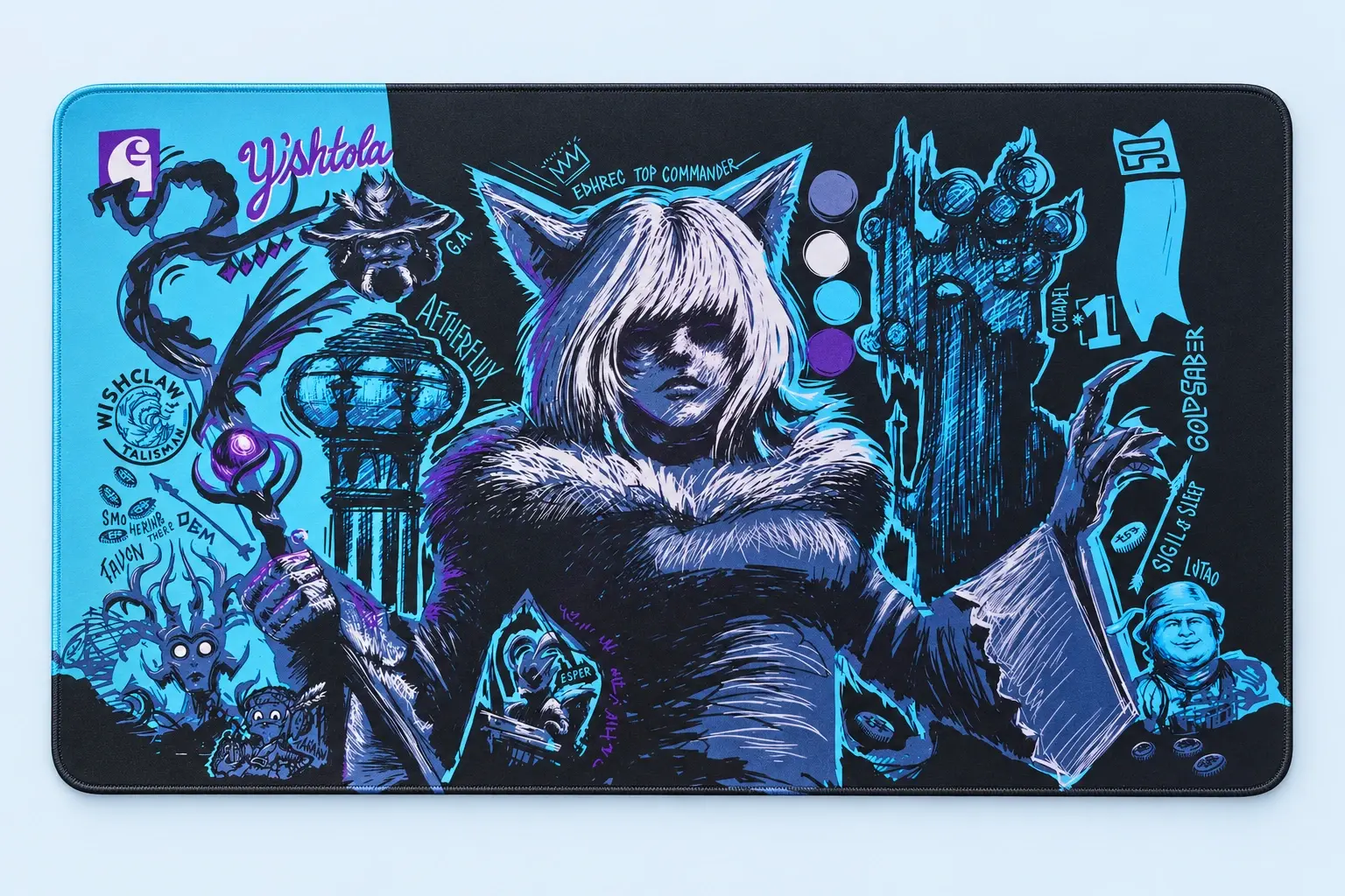 Cloud Blue studio presentation of Blue Fantasy Warrior Deskmat.