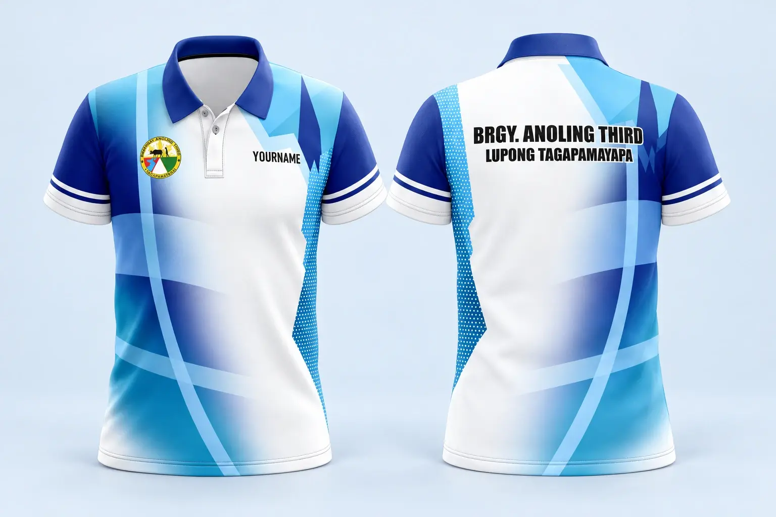 Cloud Blue studio presentation of White & Blue Community Polo.