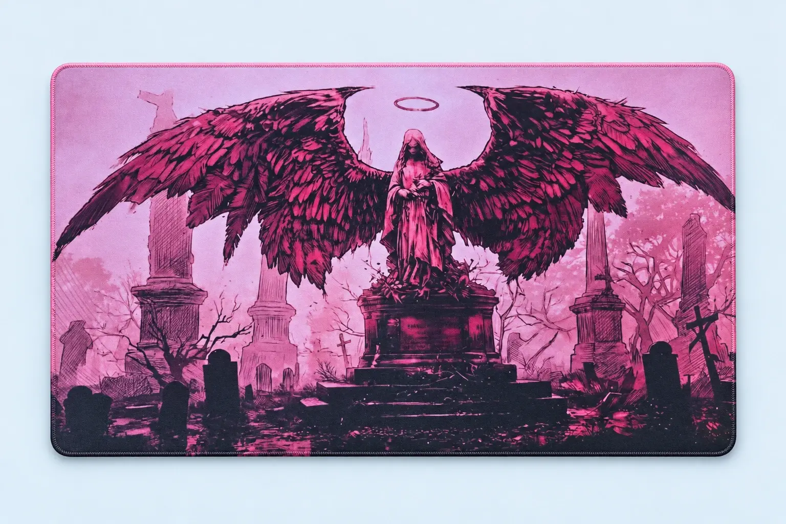 Cloud Blue studio presentation of Pink Winged Angel Deskmat.