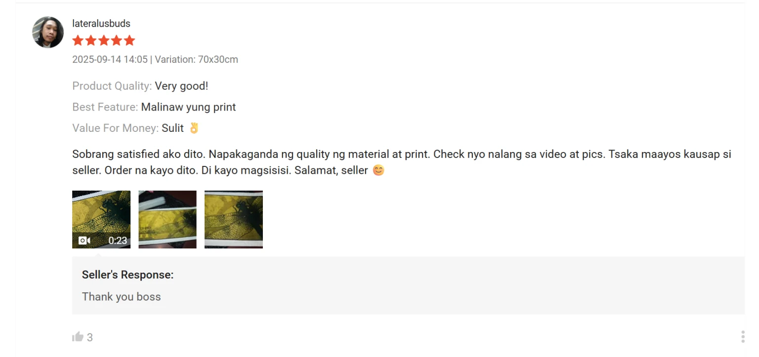 Five-star Tagalog Shopee review by lateralusbuds about clear printing and material quality, with yellow playmat photos.