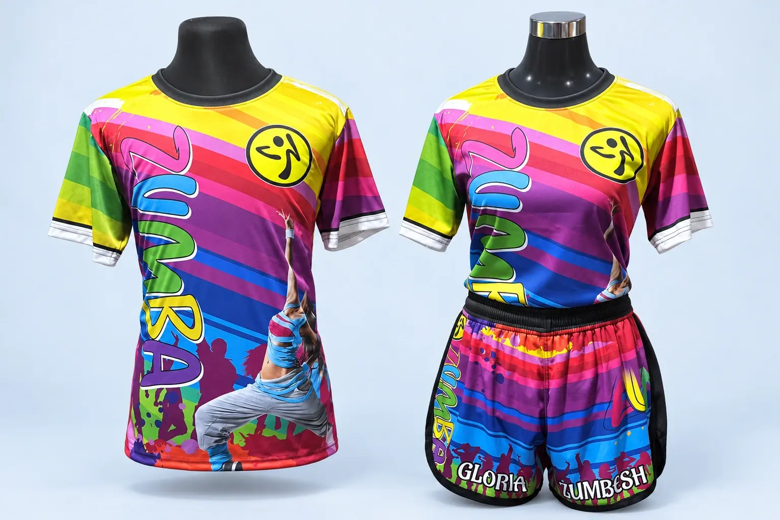 Cloud Blue studio presentation of Neon Zumba Shirt & Shorts.