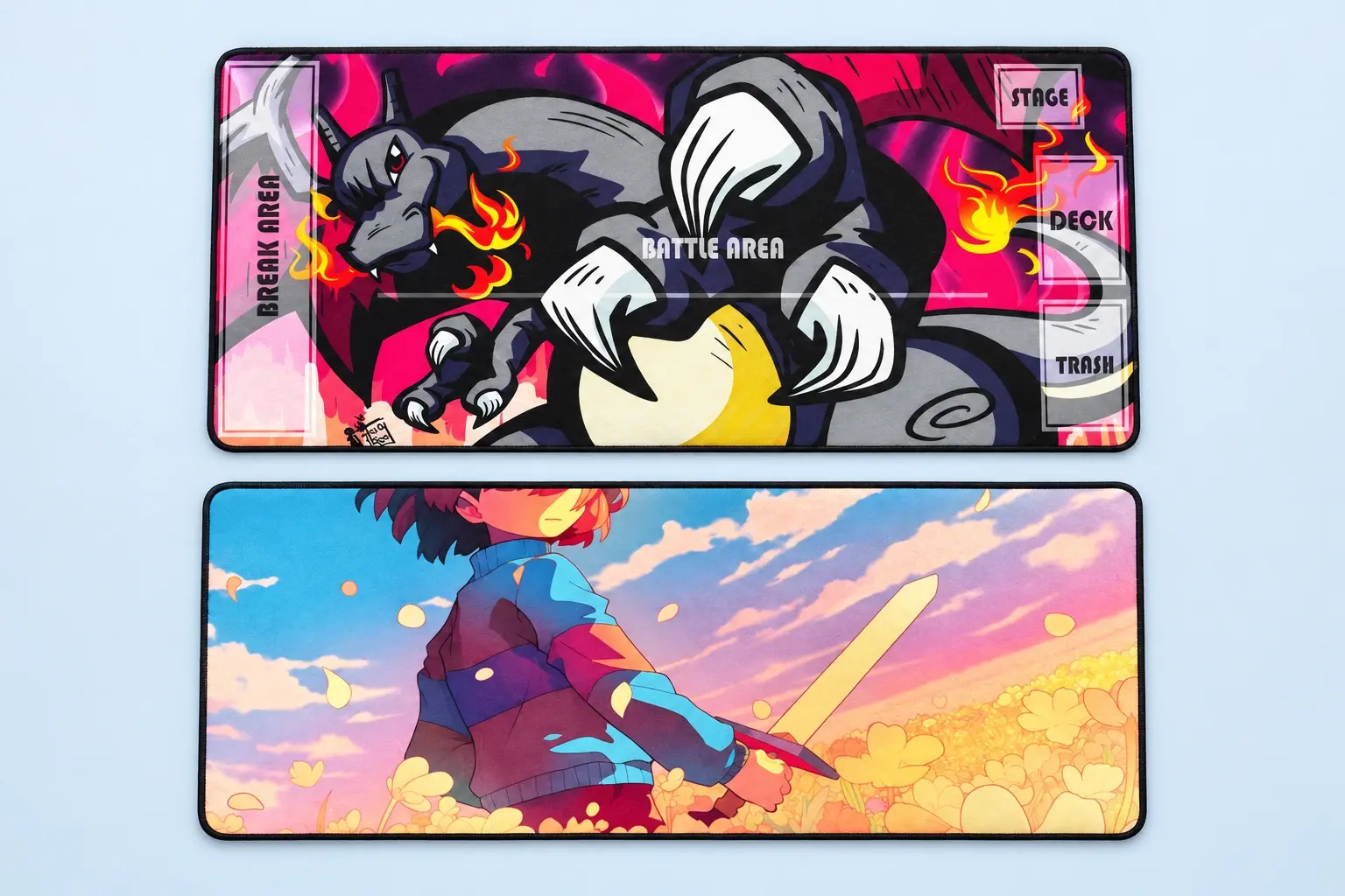 Cloud Blue studio presentation of Anime & Pastel Landscape Deskmat Designs.
