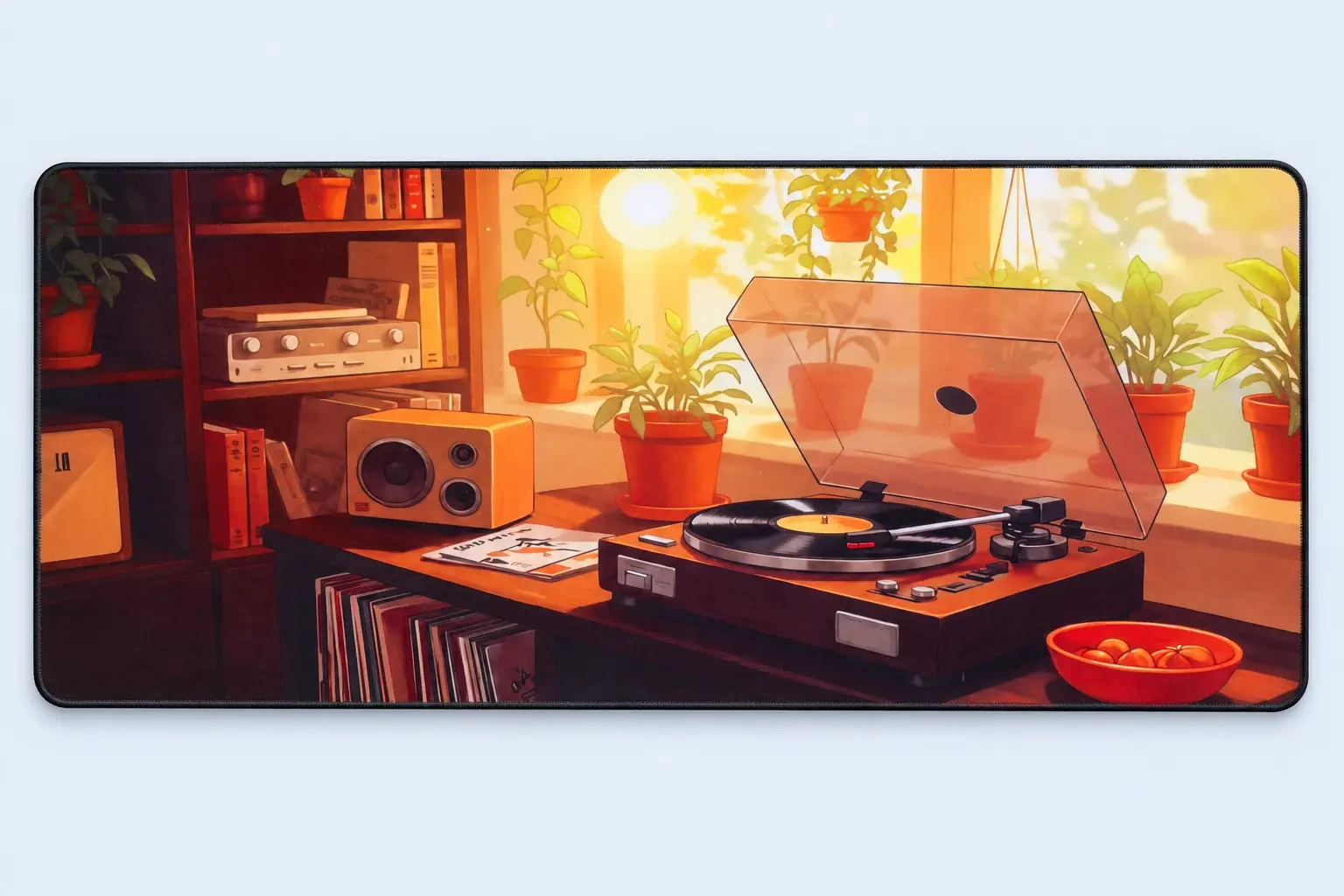 Cloud Blue studio presentation of Warm Record Room Deskmat.