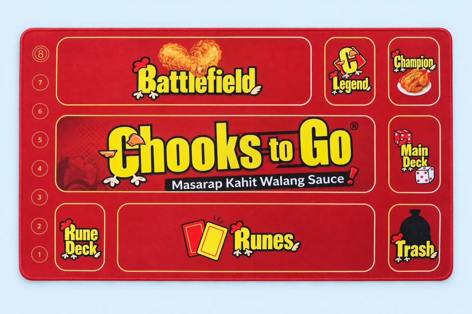 Cloud Blue studio presentation of Red Chooks to Go Playmat.