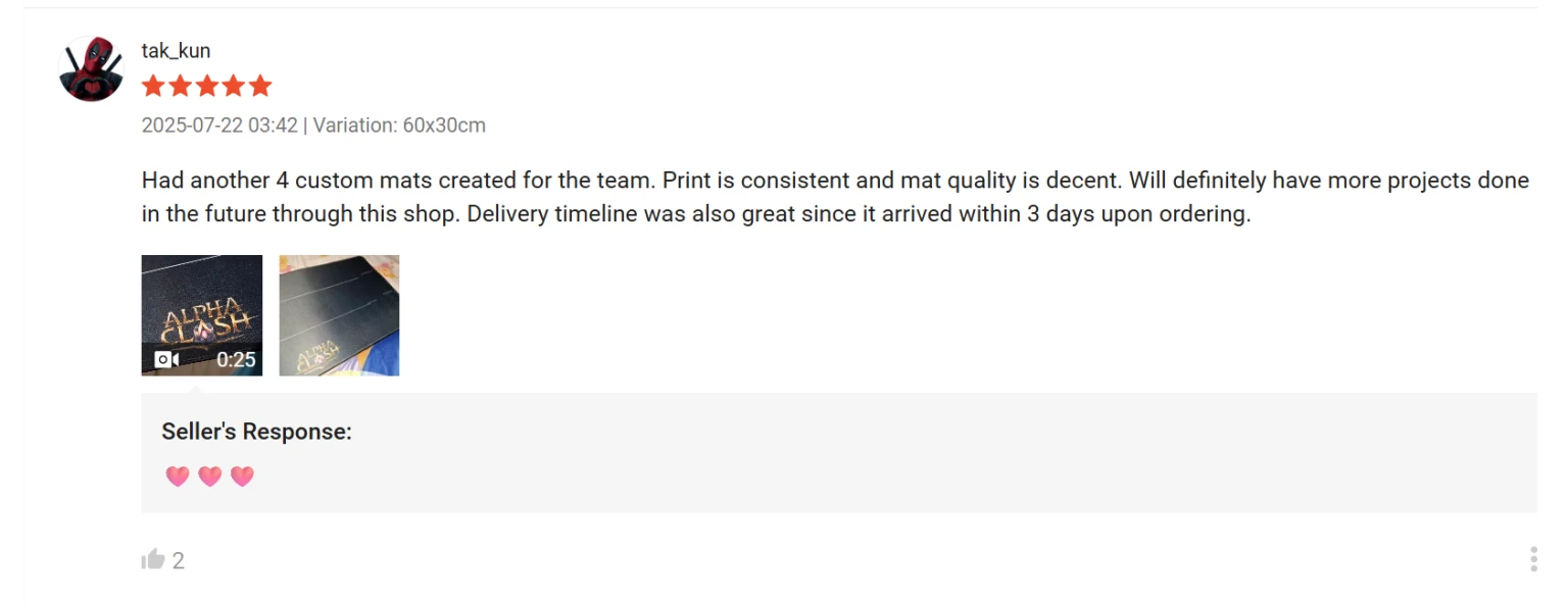 Five-star Shopee review by tak_kun about four custom team playmats, consistent print and delivery, with Alpha Clash mat photos.