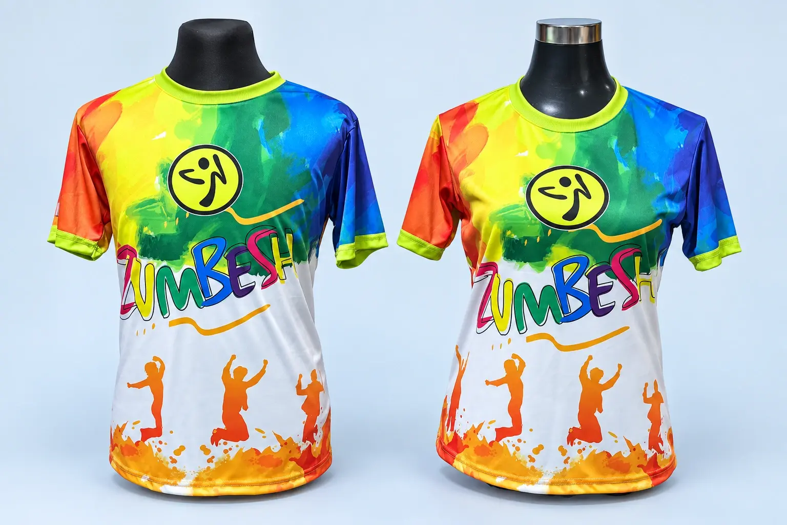 Cloud Blue studio presentation of Rainbow Zumba Performance Shirt.