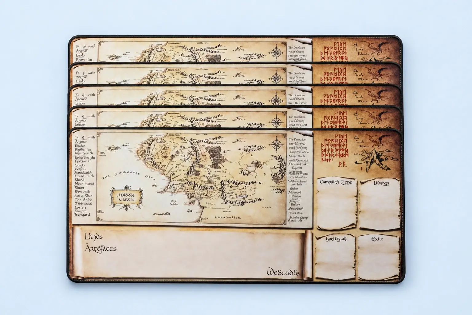 Cloud Blue studio presentation of Parchment Card-Zone Playmats.