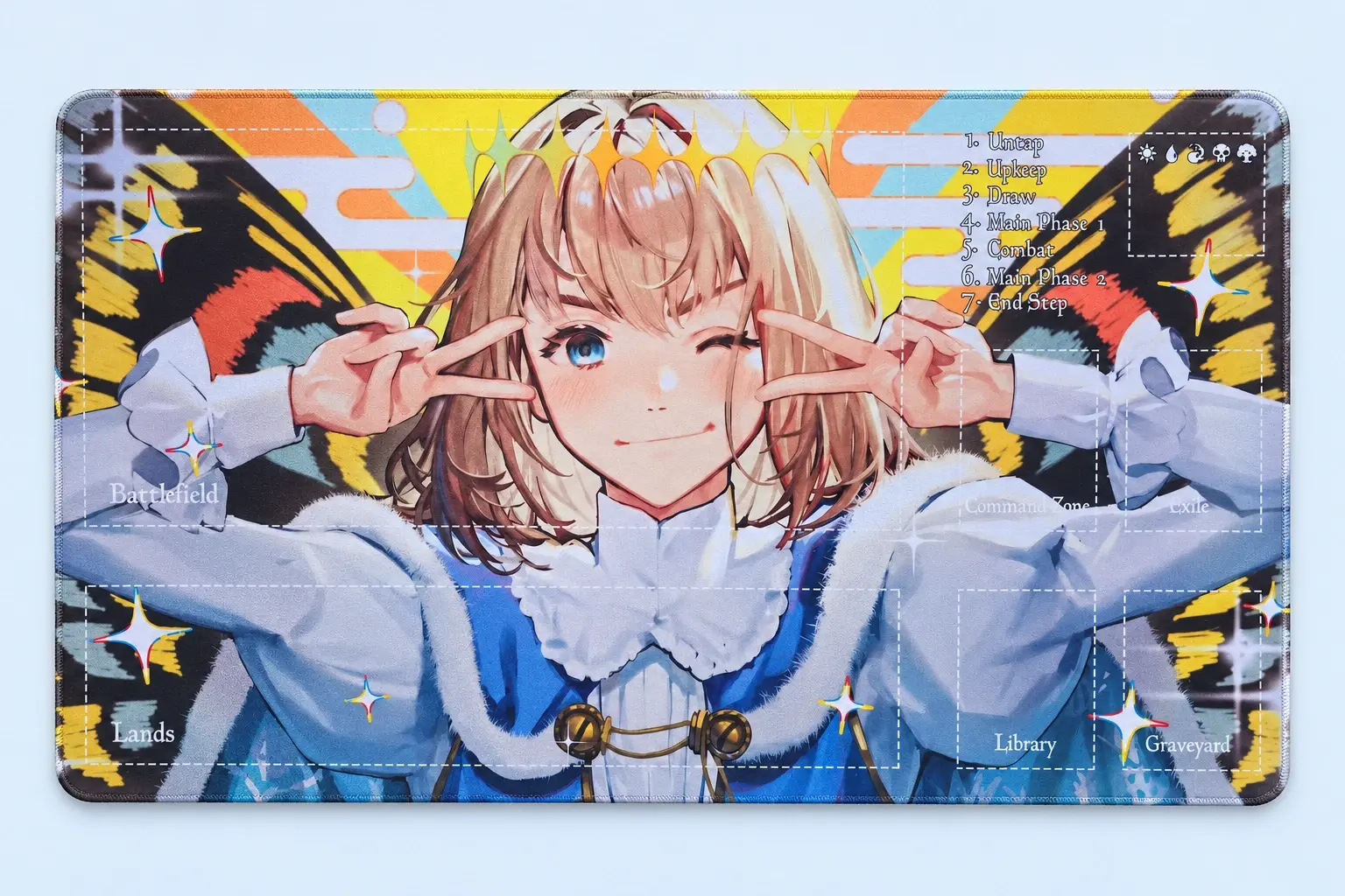 Cloud Blue studio presentation of Gold Anime Character Card-Zone Playmat.