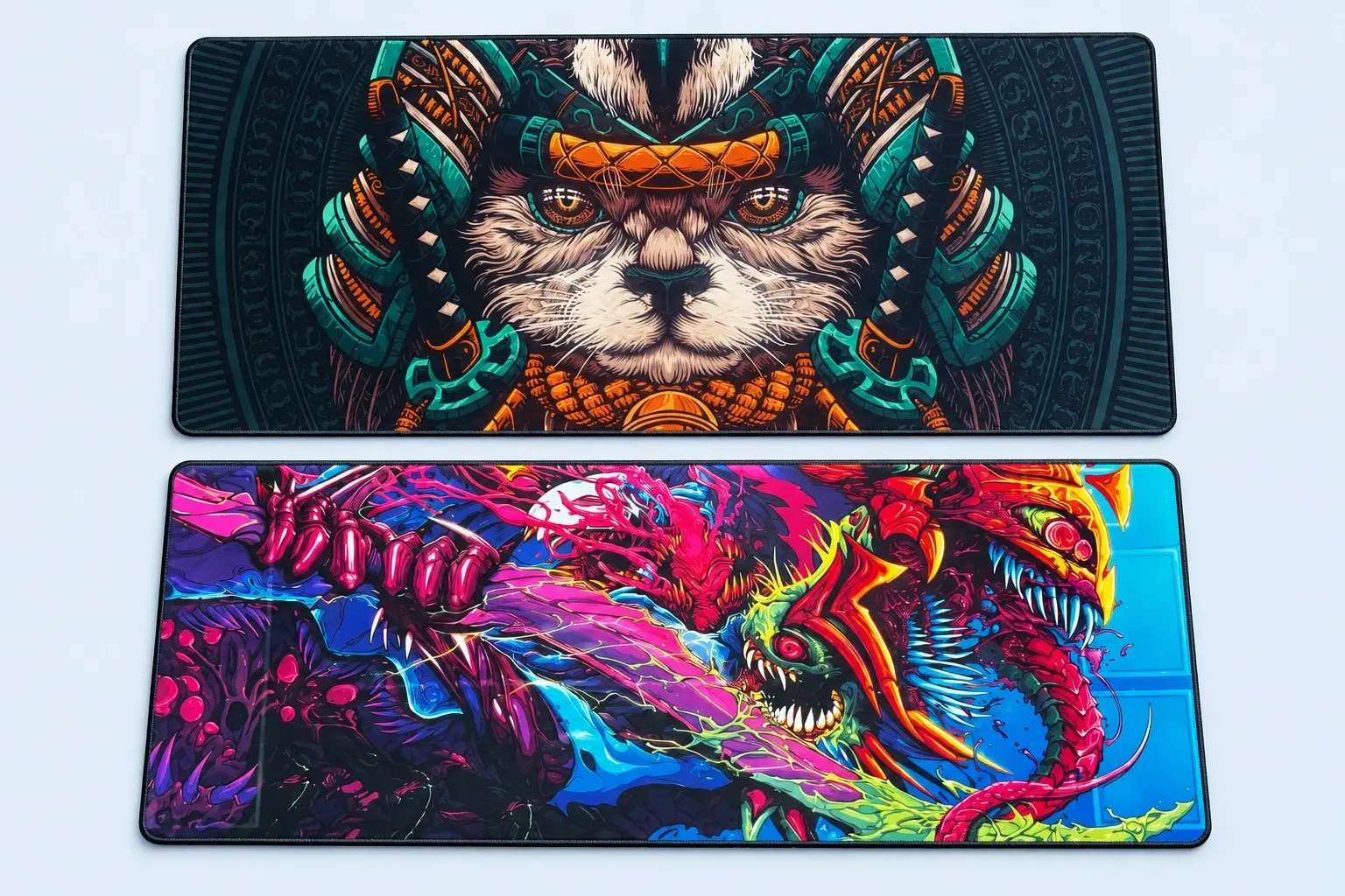 Cloud Blue studio presentation of Samurai Cat & Neon Creature Deskmat Designs.