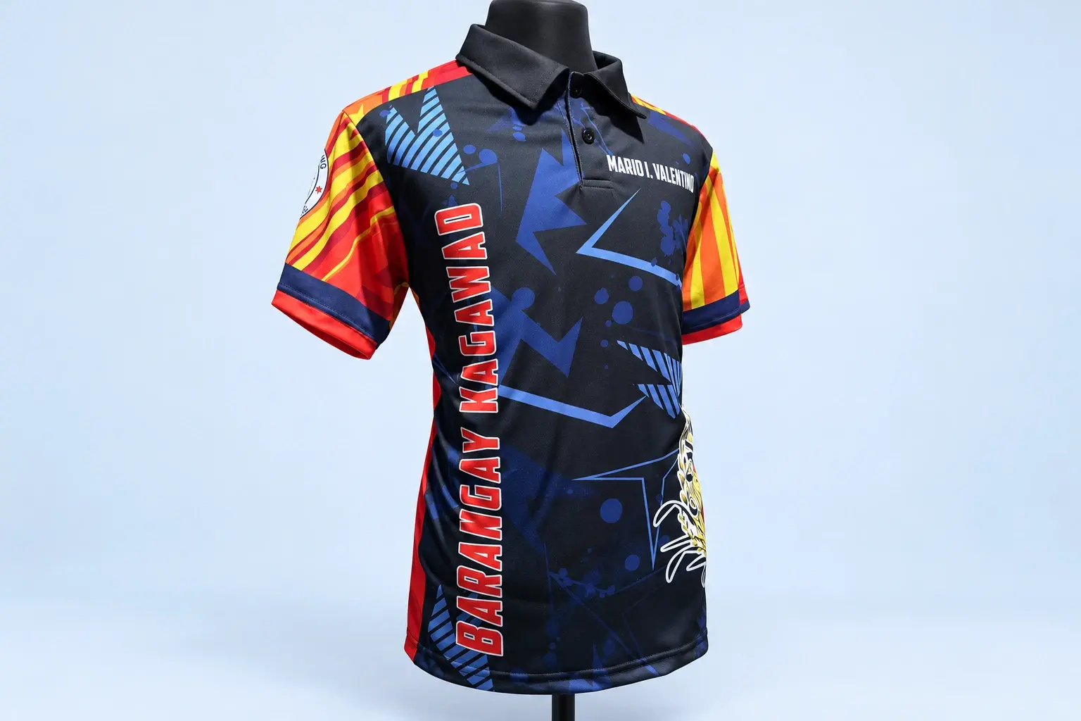 Cloud Blue studio presentation of Black Geometric Community Polo.