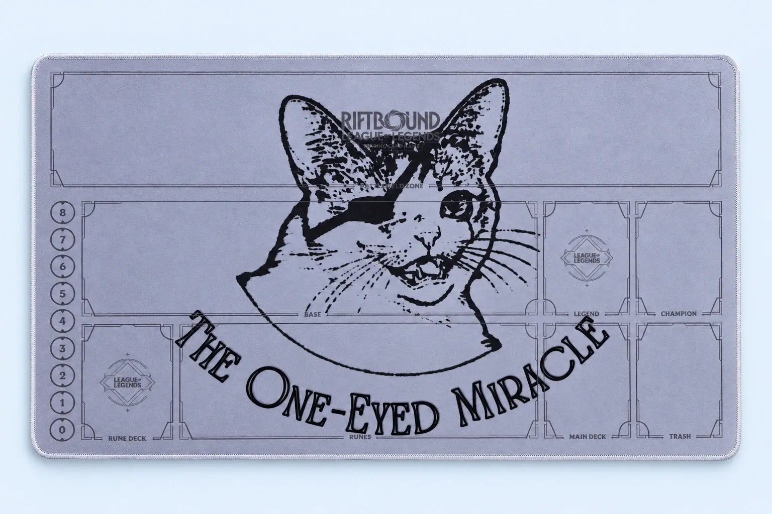 Cloud Blue studio presentation of One-Eyed Cat Playmat.