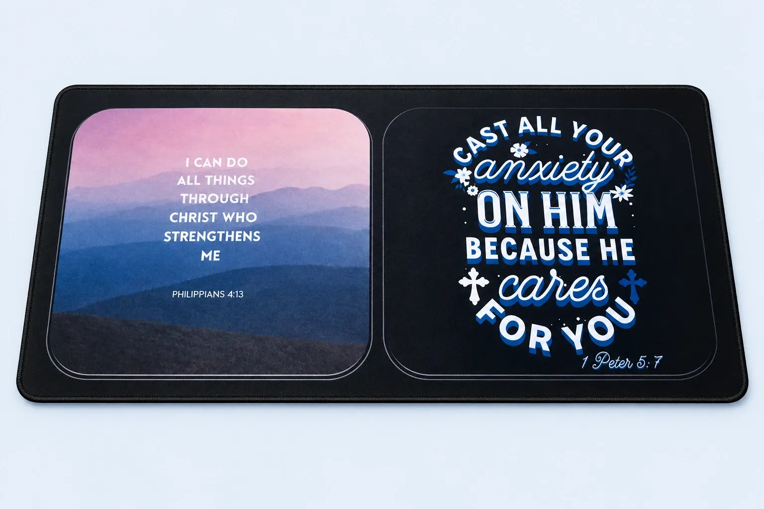 Cloud Blue studio presentation of Faith Quote Deskmat Designs.