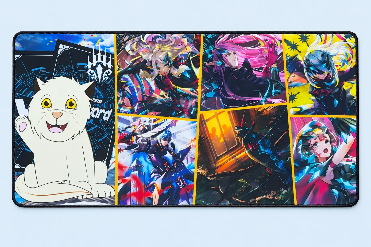 Cloud Blue studio presentation of Colorful Character Collage Deskmat.